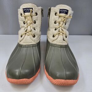 Sperry Saltwater Waterproof Duck Boots Womens Size 7 Rubber Mud Boots Green Tan